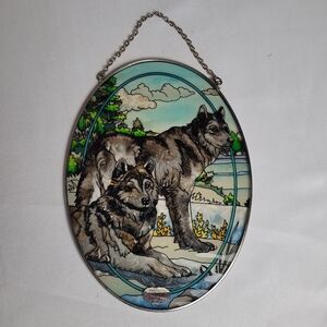 Handpainted Two Wolves Sun Catcher Vintage